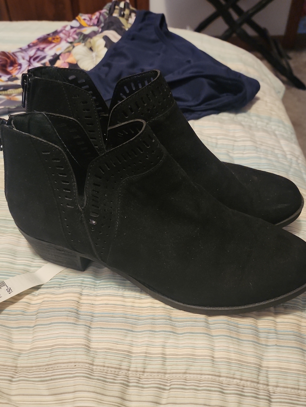 Carlos Santana Black Suede Scalloped Cutout Ankle Booties